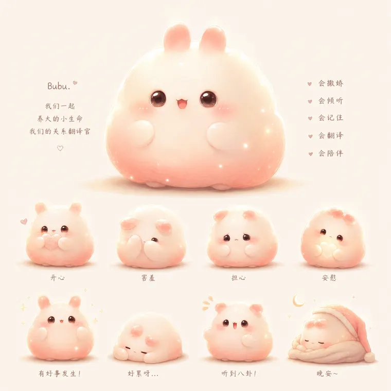 Bubu 的多种表情：开心、害羞、担心、安慰、晚安